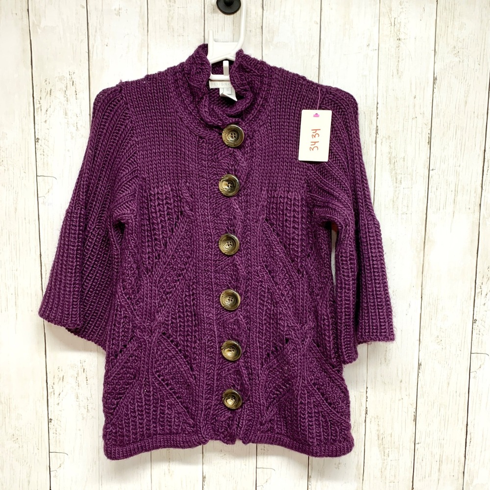 Design History Purple Cable Knit Cardigan Womens Size 8 Wool Blend Vintage Style